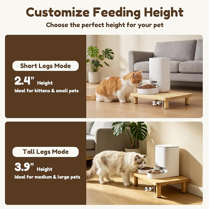 Elevated Cat Food Stand for Automatic Feeders, 13.5 x 7.8, 1 Pack | Adjustable to 2.4" or 3.9", raised platform for most auto feeders and cat bowls, solid pine wood, for comfortable feeding