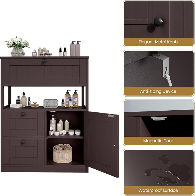 GRUSIGN Bathroom Cabinet, Modern Bathroom Floor Storage Cabinet Organizer with 1 Door and 3 Drawers, Freestanding Cupboard for Kitchen/Living Room Use