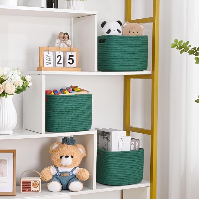 3 Pack Cube Storage Bin, 9”x9”x7” Cotton Rope Woven Baskets for Organizing Toys Clothes Towels, Square Gift Storage Baskets for Shelves, Nursery, Closet, Bathroom, Pantry (Green)