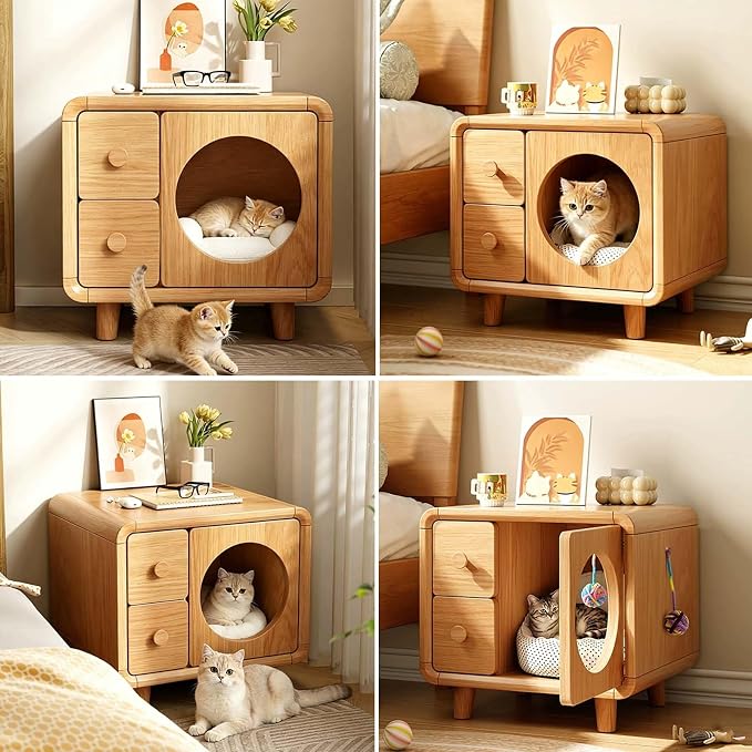 Wooden Nightstand with Cat House, Small Bedside Table with Double Drawers | Home Side Table, Multi-Functional Cat Furniture for Bedroom, Living Room, Corner