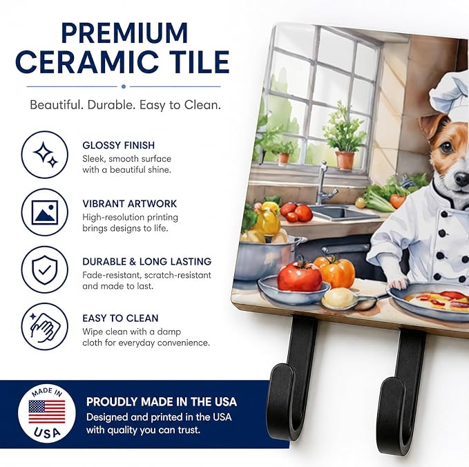 Caroline's Treasures Jack Russell Terrier The Chef Leash or Key Holder Wall Hooks, Key Hooks Holder, Coat Rack Wall Mount, Coat Hooks, Hooks for Hanging Keys, Towels, Aprons, Leashes | Jack Russell Terrier The Chef artwork on ceramic tile with three st...