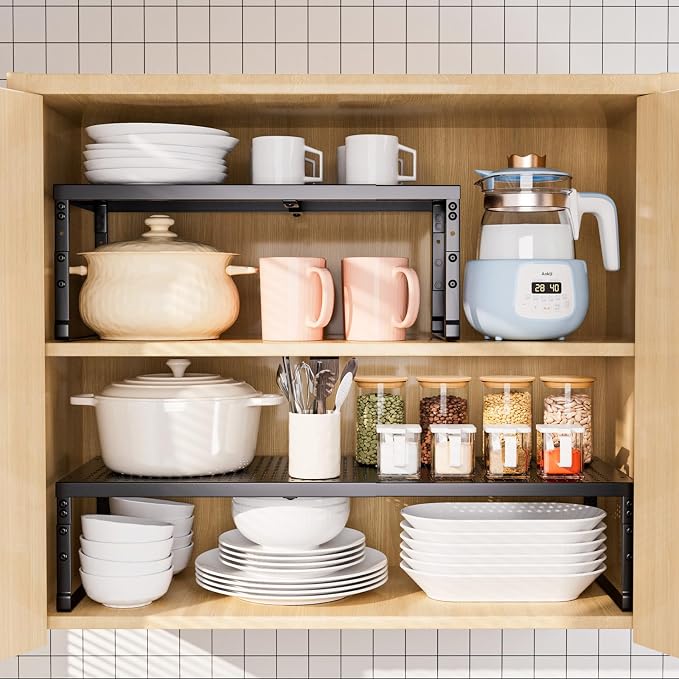 Cabinet Shelf,Expandable Adjustable Stackable Kitchen Organizer,for cabinets, Kitchens, countertops, bathrooms Shelf Organizer(3Packs/Black,Large)