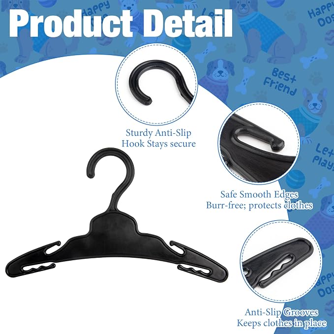 20 Pcs Dog Clothes Hangers 7 Inch Black Plastic Pet Clothes Hangers with Non-Slip Clips, Cat Clothing Hangers, Pet Clothing Holders Coat Hangers for Small Pet Such as Dog & Cat Costumes