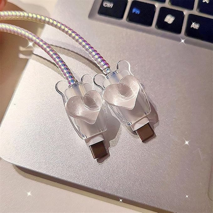 Cute Charging Cord Protector for iPhone Charger Adapter,Sparkle Bowknot Plating with 3D White Love Heart Design,DIY Soft Cable Protector Data Cable Saver for Women Girls iPad 18W/20W Charger Cover