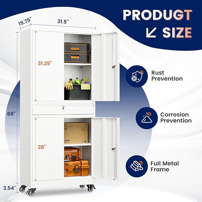 Metal Garage Storage Cabinet with Locking Doors and Adjustable Shelves, 73" Rolling Tool Storage Cabinet with 4 Wheels and 1 Drawer for Garage,Warehouse
