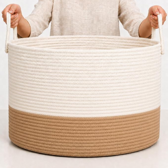 OrganiHaus Round Toy Basket & Blanket Basket, Cotton Rope 20x13" | Honey / Off-White - Round Cotton Rope Basket, 20x13"