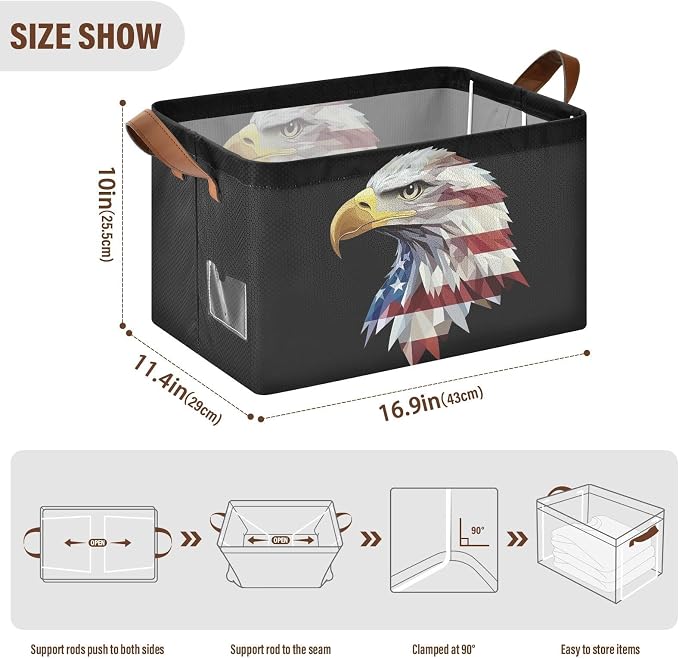 Eagle American Flag Patriotic Black Storage Basket Foldable Cube Storage Bins with Handles&Label Collapsible Organizer Box Bin Large Rectangle Decorative Baskets for Shelves Home Room Closet, 2Pack