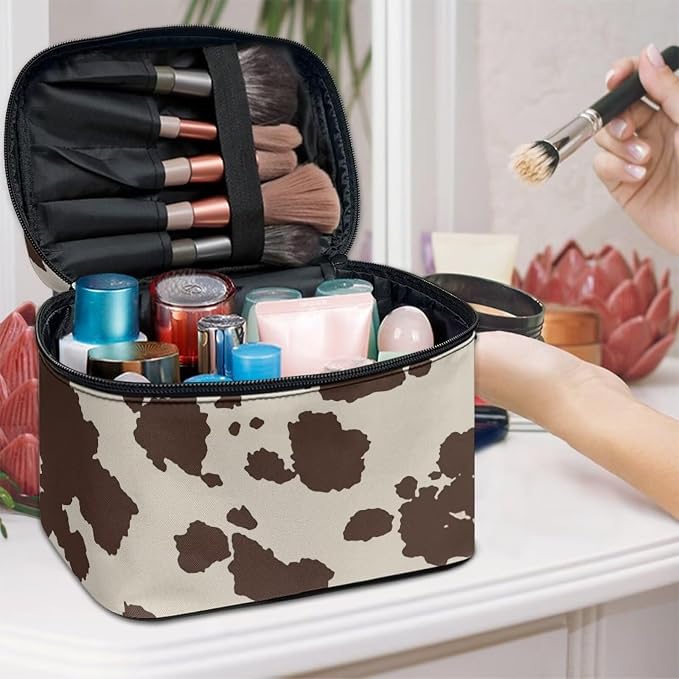 Brown Cow Print Makeup Bag for Women Lightweight Travel Makeup Bag With Handle Womens Cosmetic Makeup Organizer Vanity Case for Holiday Trip
