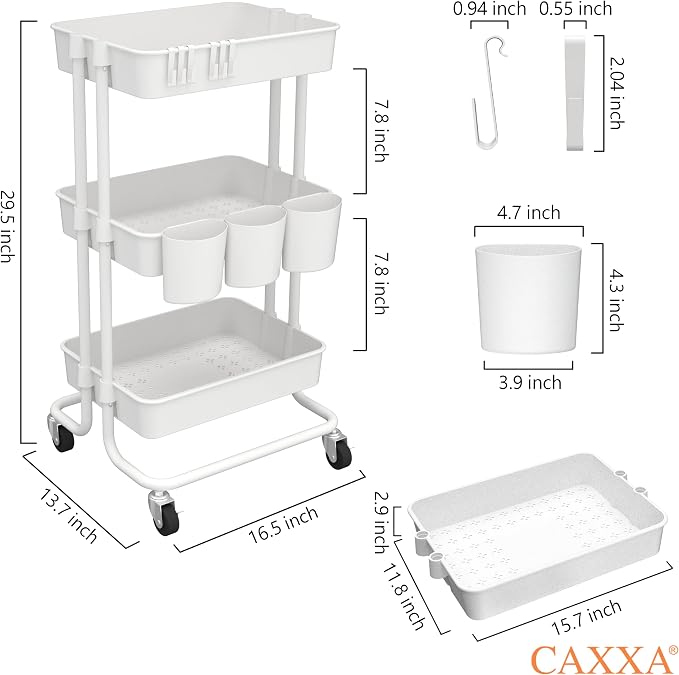 CAXXA 3-Tier Rolling Storage Organizer with 3 Small Baskets - Mobile Utility Cart with Caster Wheels (White)