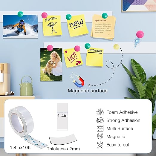 Adhesive Metal Tape for Magnets, (1.4 inch Wide X 10 ft Long) Flexible White Metal Strip Roll, White Ferrous Tape Stick on Wall to Hold Magnetic Products