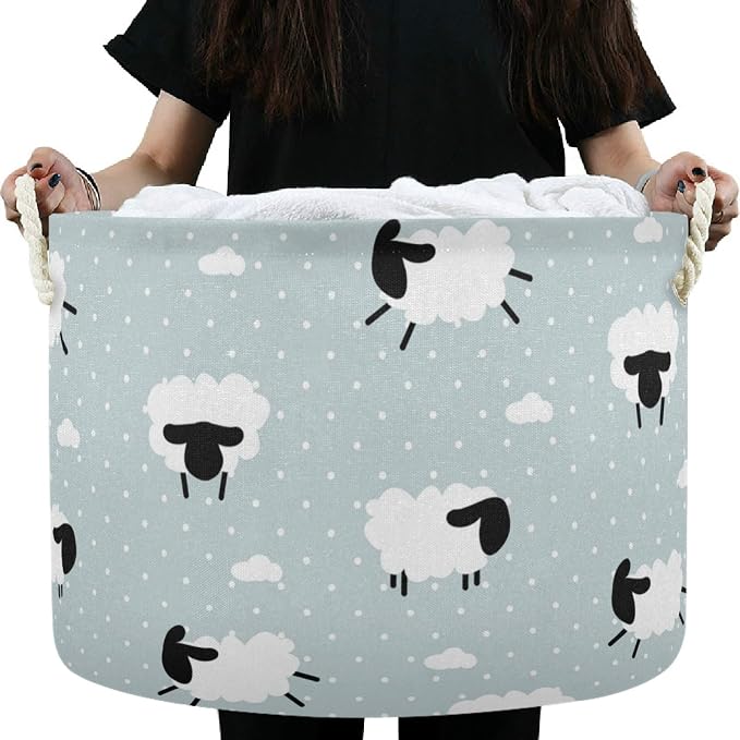 visesunny Cute White Sheep Animal Dot Grey Collapsible Large Capacity Basket Storage Bin with Durable Cotton Handles, Home Organizer Solution for Office, Bedroom, Closet, Toys, Laundry