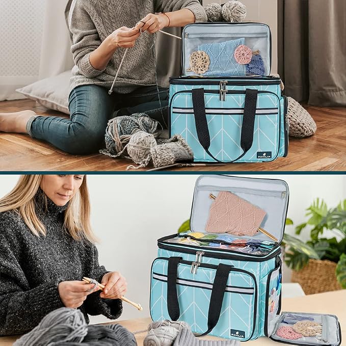 PAVILIA Knitting Bag Yarn Storage Tote, Large Crochet Organizer Bag, Yarn Storage Holder for Crocheting Knitter, Knitting Project Bag, Crochet Accessories Set, Gifts For Crochet Lovers, Chevron Teal