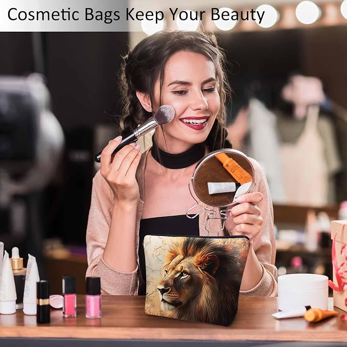 Makeup Bag Lion Makeup Bags For Purse Pouch, Wildlife Forest King Lion Travel Toiletry Bag Cosmetic Bag Makeup Bags Flax Makeup Organizer Bag Pencil Pouch For Man Woman, Brown
