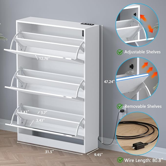 BORNOON Shoe Cabinet with Odor Control and Back Panels, Deodorizing Slim 3-Flip Shoe Storage Cabinet for Entryway, Freestanding Hidden Shoe Rack Organizer for Entrance, Hallway, Bedroom