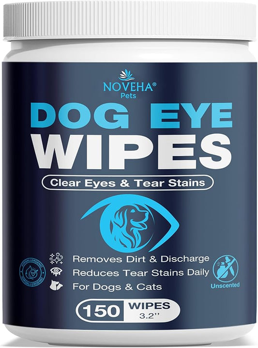 NOVEHA 150PCs Dog Eye Wipes Tear Stain Remover for Discharge and Crust | White Dog Face Wipes | Easy Daily Pets Gentle Eye Cleaner for Whitening & Cleansing Without Irritation | Round Wipes