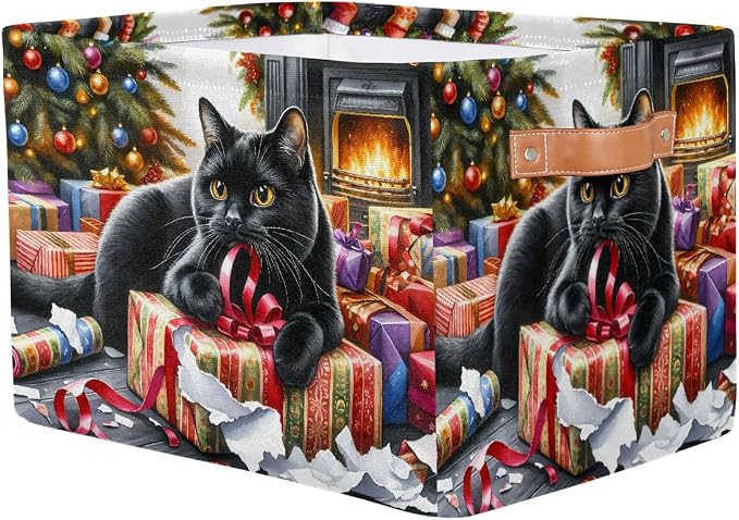Pardick Christmasxmas Cat Basket Storage Bins Large Fabric Toys Storage Cube Box with Handles Collapsible Closet Shelf Cloth Organizer Basket for Nursery Bedroom Bathroom Holiday Gift