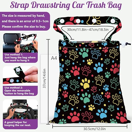 Cat Paw Strap Drawstring Car Trash Bag Hanging Garbage Bag with Snap Buttons Car Back Seat Trash Storage Portable Dustbin Vehicle Trash Can Bag for Vehicle Accessories Travel Camping