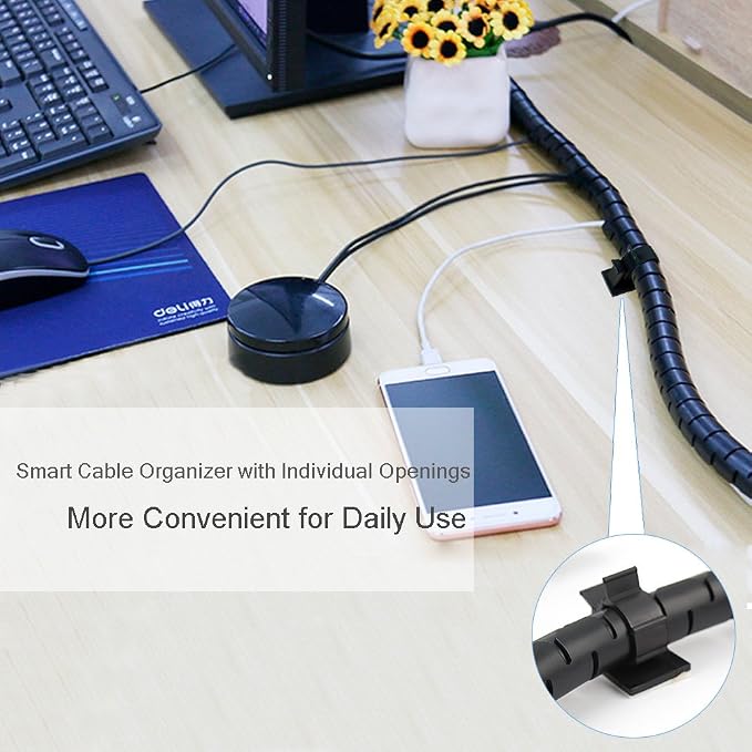 Black Computer Cable Management Wire Cover Electrical Cord Hider Solutions 2 PCS, VIWIEU Tangle Sprial Cable Tube with 4 Adhesive Cable Clips for TV Laptop Floor Home & Office