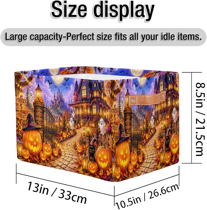 Halloween Basket Storage Bins Rectangle Canvas Basket Cube Storage Box | Nursery Foldable Basket with Handle for Kids Girls Boys Toys Living Room Closet Organizer Shelf Gifts Spooky Night Pumpkin