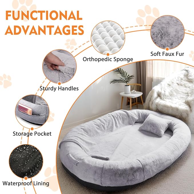 Human Dog Bed for Adults and Pets,71"x45"x14" Human Size Giant Dog Bed,Washable Faux Fur Cover Napping Orthopedic Bean Bag Bed for Humans with Blanket and Pillow,Gray