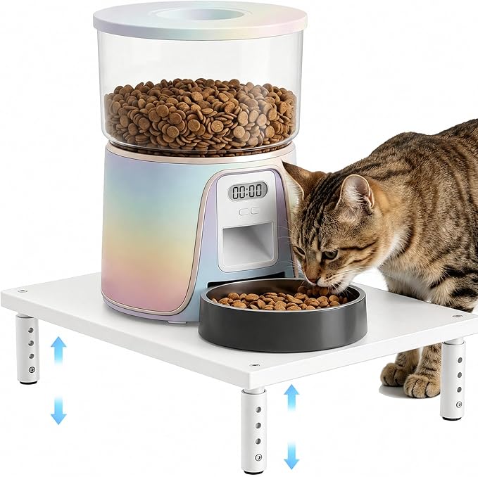 OPNICE Adjustable Cat Food Stand, Elevated Cat Feeder Stand with 4 Height Settings, Automatic Cat Feeder & Tradition Bowls, Raised Pet Feeding Table Station for Cats & Small Dogs, White Wood