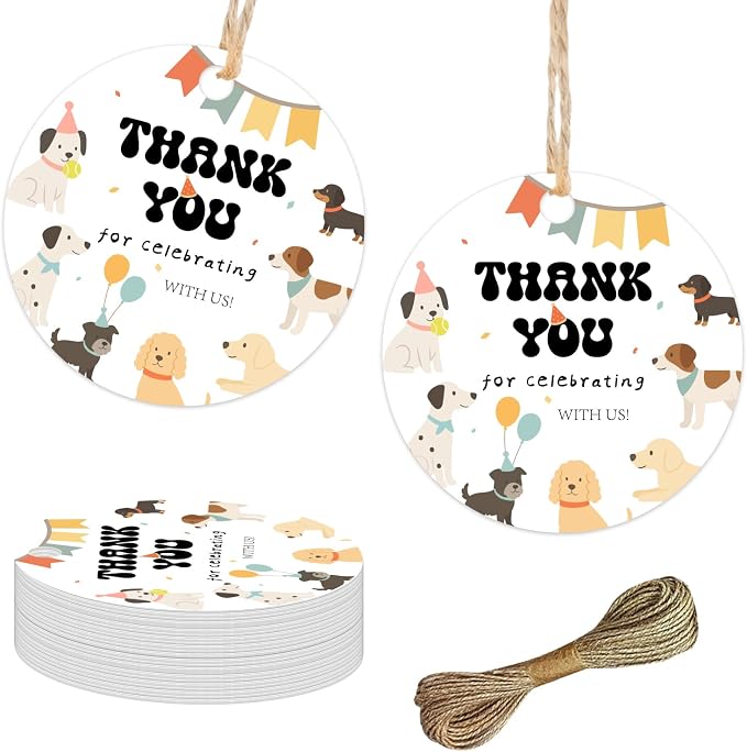 50Pcs Dog Thank You Tags Exquisite Puppy Paper Gift Tags with String | Puppy Dog Party Favors for Pet Themed Baby Shower Birthday Party Favors