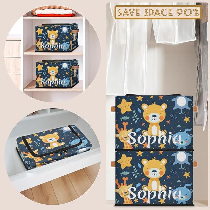 Custom Cute Animals Storage-Bin With Zipper Lid for Kids-Girls-Boys-Baby-Pet,Personalized Name Foldable Storage Box with Handle,Baby Basket With Label for Bedroom Nursery Toy Clothes,Blue