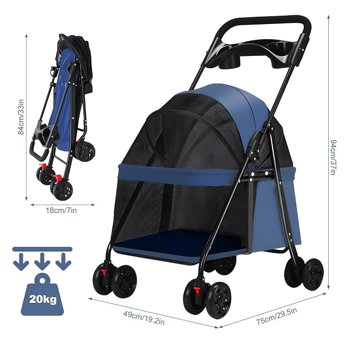 4‑Wheel Foldable Pet Stroller, Travel Strolling Cart for Small & Medium Dog | Breathable Visible Mesh Window, Cup Holder & Storage Basket, Rear Wheel Dual Brake, Portable Folding Design Navy Blue