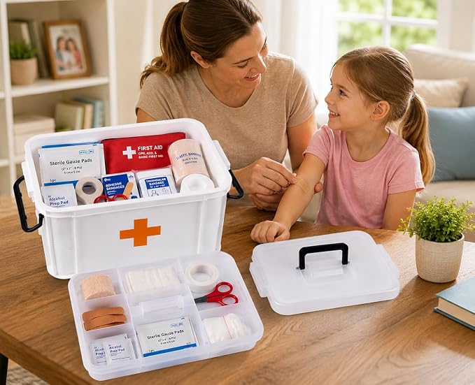White Large Empty Medical Box for Home Emergency Supplies, Travel, Car, and Dorms – Compact First Aid Box with Handle, Detachable Tray and Locking Lid – Medical Organizer and First Aid Kit Storage