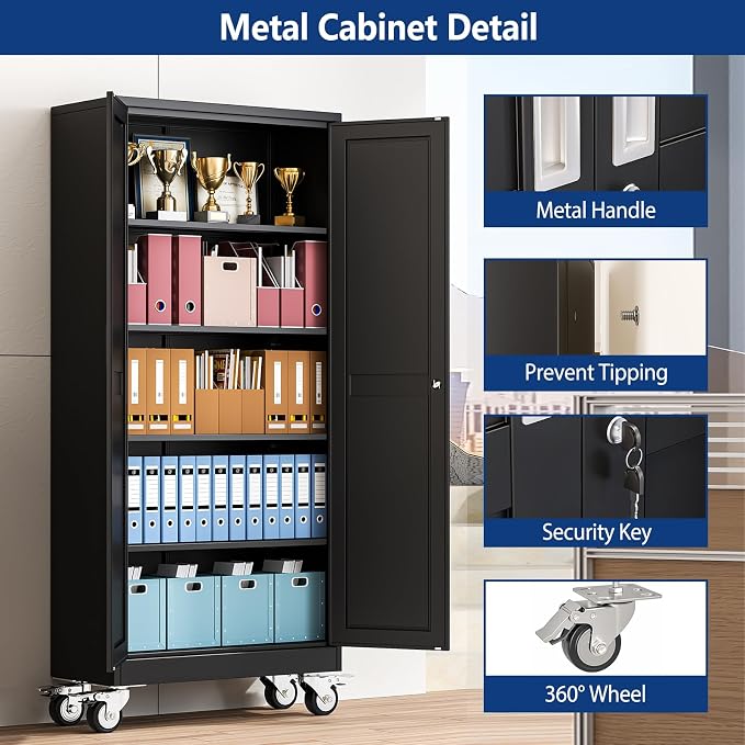 Ckzbx Metal Garage Storage Cabinet with Locking Doors and Adjustable Shelves,71" H Rolling Tool Storage with Wheels for Garage,Office (Black)