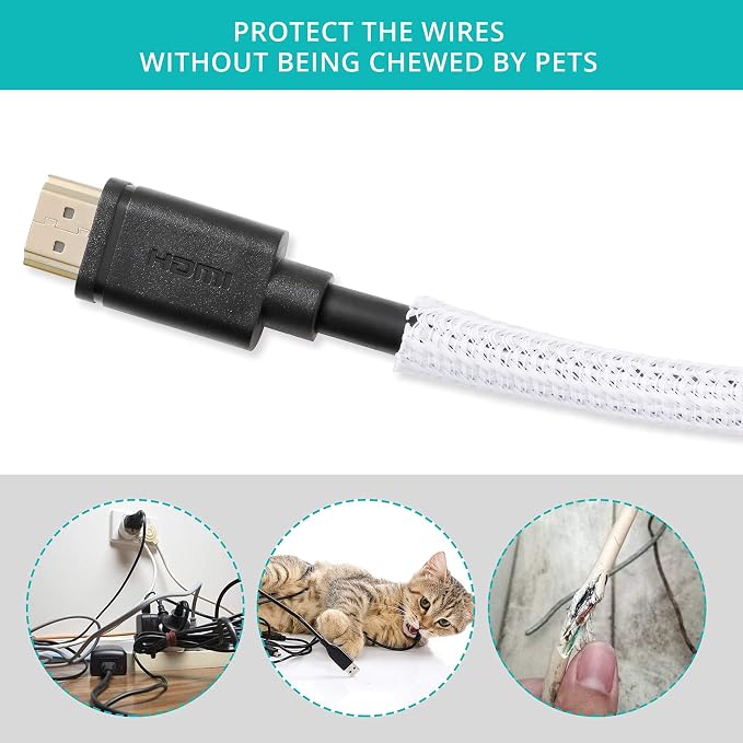 20ft 1/4 inch White Cable Sleeve | Cable Organizer for Desk PC TV Computer, Wire Protector Cable Wrap Cover, Cord Management, Home Office
