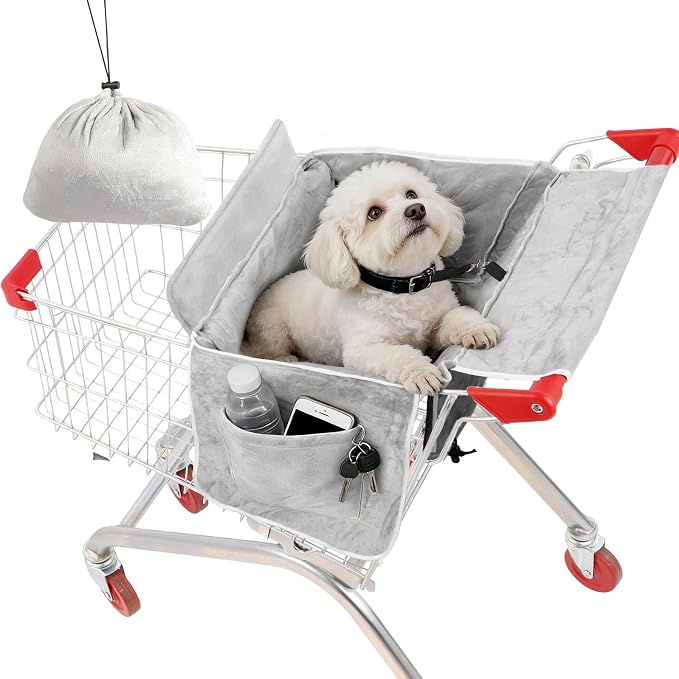 Dog Shopping Cart Cover with 2 Side Pockets, Soft Padded Pet Cart Seat Cover with Sponge Cushion, Foldable Shopping Cart Liner with Carry Bag, Fits Most Shopping Carts