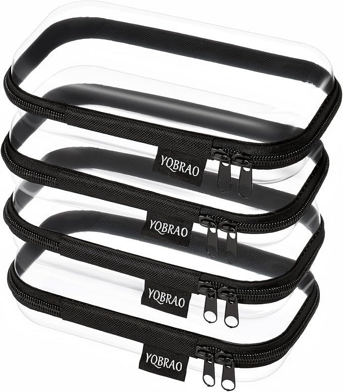 YQBRAO Clear Hard Shell Zipper Cases, 4 Small Cable Organizers, Black | Rigid 1.2 mm PET and YKK dual zippers for cosmetics, charging cords, pens and travel accessories