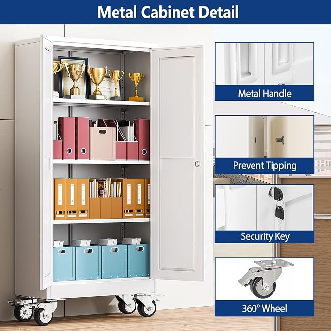 Ckzbx Metal Garage Storage Cabinet with Locking Doors and Adjustable Shelves,61" H Rolling Tool Storage with Wheels for Garage,Office (White)