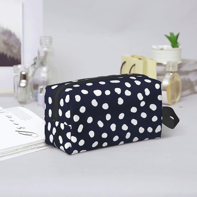 Navy Blue Polka Dot Makeup Bag - Durable 600D Oxford Fabric Travel Cosmetic Bag, Shockproof Foam Padded Toiletry Organizer for Gym & Daily Use 10x6.2x4.9 Inch