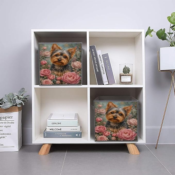 Yorkie Dog Floral Portrait Storage Bin with Handles, Oxford Fabric Foldable Storage Cube Organizer for Clothes, Towels, Bedroom, Living Room, Home Organization