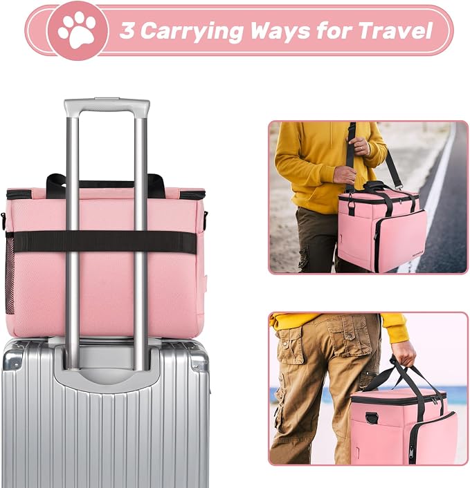 6 Set Dog Travel Bag, Large Pet Travel Kit for Supplies, Pink | Includes 2 Food Containers, 1 Pet Organizer for Dogs, 2 Collapsible Bowls, 1 Treat Pouch, Dog Weekend Overnight Bag Luggage