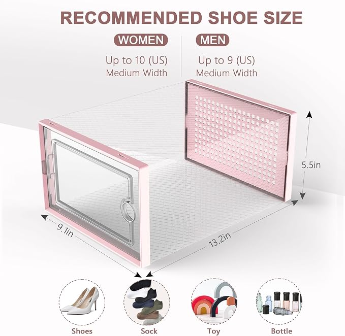 Kuject Shoe Organizers Storage Boxes for Closet, 12 Pack Clear Plastic Stackable Storage Bins with Lids, Under Bed Shoe Containers for Entryway, Drop Front, Fit up to Women's Size 10,Pink | Shoe organizers for closet & entryway, under-bed,Drop-front de...