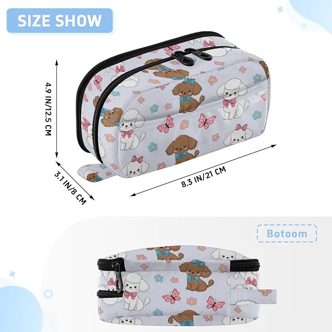 Cute Pets Dogs Blue pattern Large Capacity Pencil Case with Zipper Water Resistant Portable Organizer Pen Bag for Students School Office
