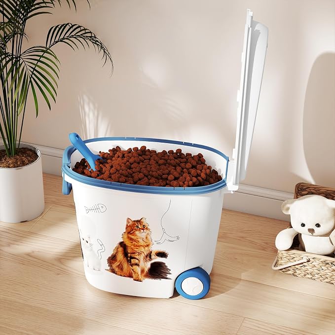 DRATO Cat Food Storage Container with Removable Wheels, Extra Large Capacity Sealed Lid Design for Easy Cleaning, Multi-Purpose Pet Food Container Bowl Scoop Included.