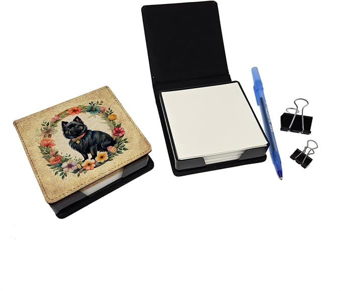 Caroline's Treasures German Spitz and Flowers PU Leather Note Paper Holder with Artist-Designed Cover, Desk Accessory, Office Gift