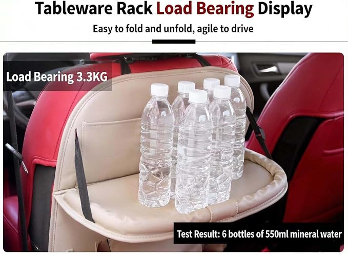Premium PU Leather Backseat Seat Organizer with Foldable Table, Multi-Storage Pockets and Adjustable Buckle Strap - Beige