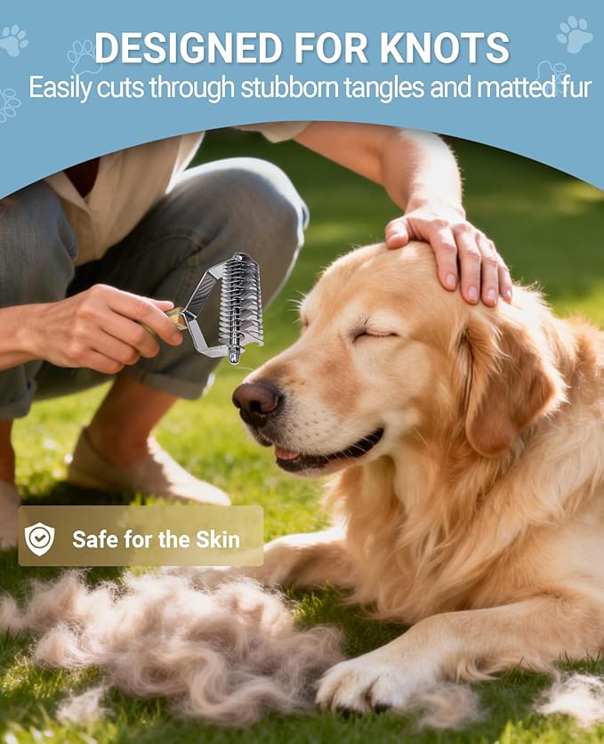 Dematting Comb for Dogs and Cats, Mat Remover and Deshedding Grooming Tool, Safe Detangler for Matted Fur, Double Sided Undercoat Rake for dogs