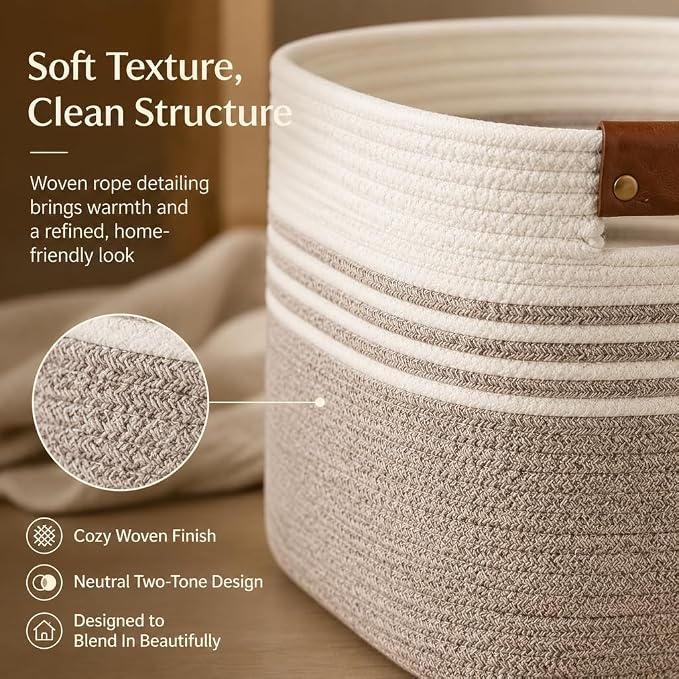Cotton Rope Laundry Basket Medium, 15.4GAL Collapsible Woven Storage Baskets for Living Room Kids Toys Stuffed Animal,Boho Rectangular Decorative Short Hamper for Dirty Clothes, Blankets White Brown