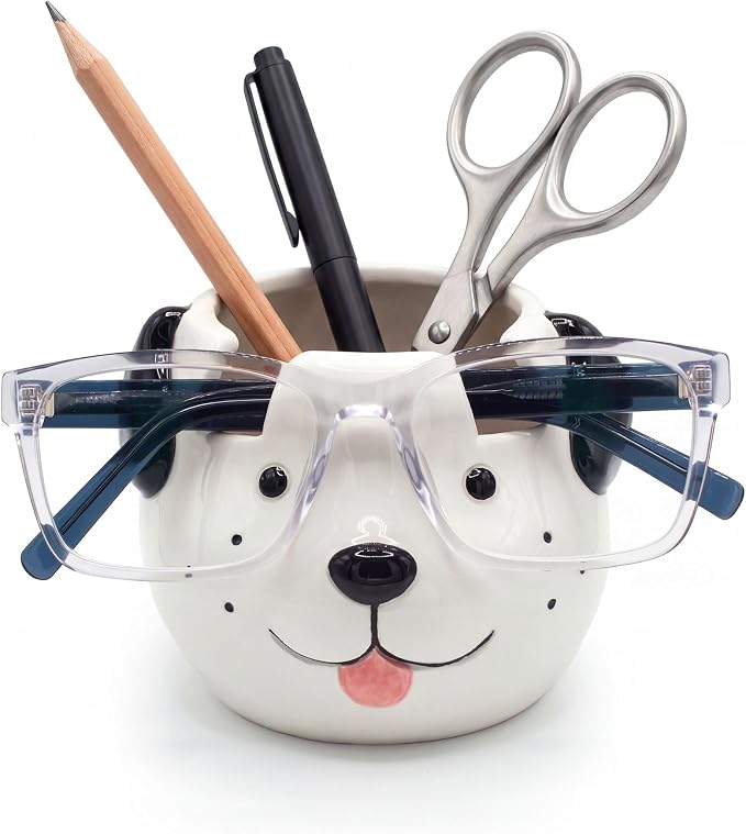 Glasses Holder Stand and Vase - Dog Ceramic Sunglasses and Eyeglasses Stand Gift Display and Decor Organizer for Desk Accessories and Stationery Items (White and Black)