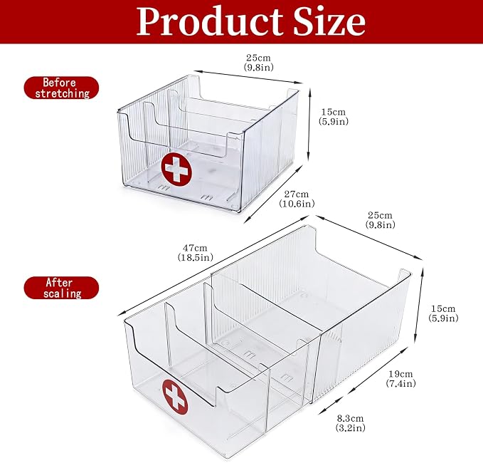 Expandable Medicine Cabinet Organizer, Clear Medication Storage Bin with Removable Divider, Vitamin Bottle Organizer for Countertop Bathroom Cabinet, Prescription Bottle and First Aid Supplies