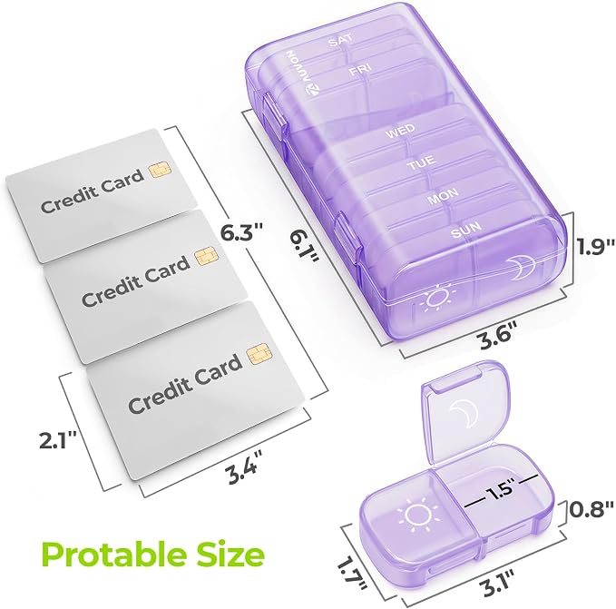 AUVON Weekly Pill Organizer 2 Times a Day, One-Sided Opening, Easy to Use | AM PM Pill Case, XL Pill Box 7 Day, Travel Medication Organizer for Medication, Vitamins, Fish Oils, Supplements, Pale Purple