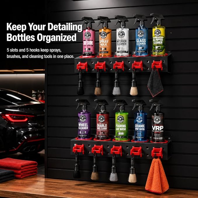 Spray Bottle Holder Wall Mount:2 Pack Heavy Duty Metal Spray Bottle Rack with 5 Holes & 5 Hooks, Car Detailing Organizer for Garage, Workshop, Cleaning Tools