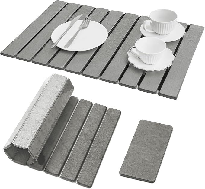 Large Stone Dish Drying Mat for Kitchen Counter,Natural Quick Dry Stone Dishes Mats,Foldable Water Absorbing Diatomaceous Earth Drying Organizer Pad for Kitchen Utensils(Light Gray 24"×16" & 8"x4")