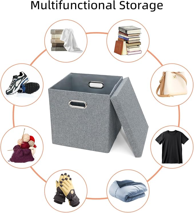 Storage Bins with Lids, Linen Fabric Boxes Organizer Containers with Lid Foldable Storage Box Basket for Closet, Shelves, Home, Office, 12 x 12 x 12 Inch, 4 Pack, Dark Gray, AG3006-7